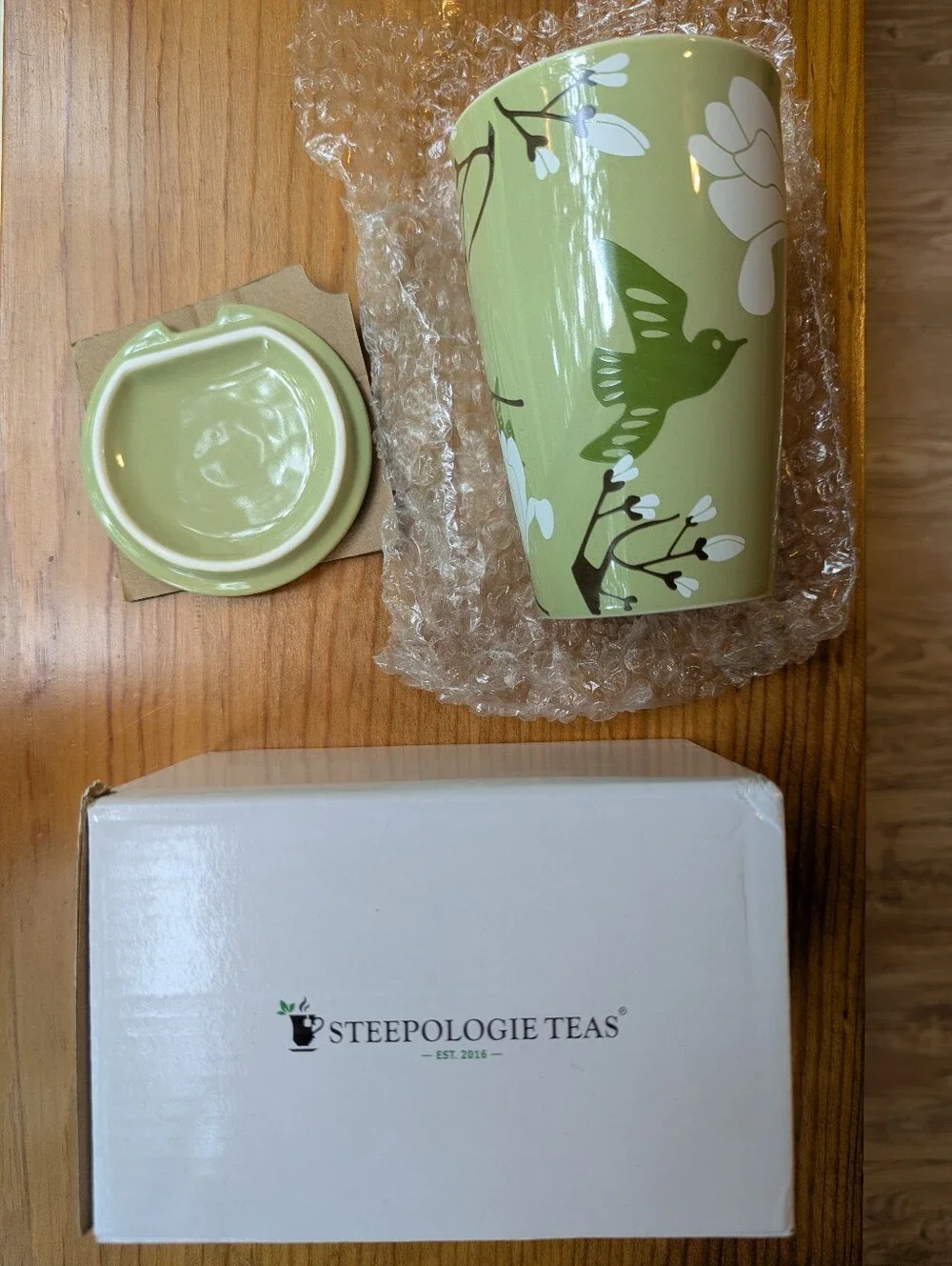 NIB Steepologie Tea Mug with Lid/Tea Bag Rest, Green With Flowers & Birds 🍵